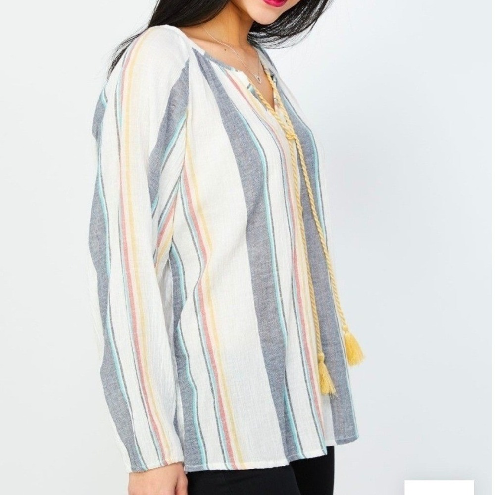 RD Koko Multi Color Striped Tassel Tie Peasant Blouse White Blue Yellow L